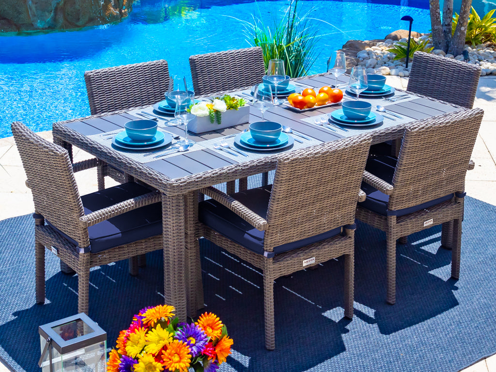 Tuscany 7 Piece Resin Wicker Outdoor Patio Furniture Dining Table Set with Dining Table and Six Cushioned Chairs Half Round Gray Wicker Sunbrella Canvas Navy Walmart