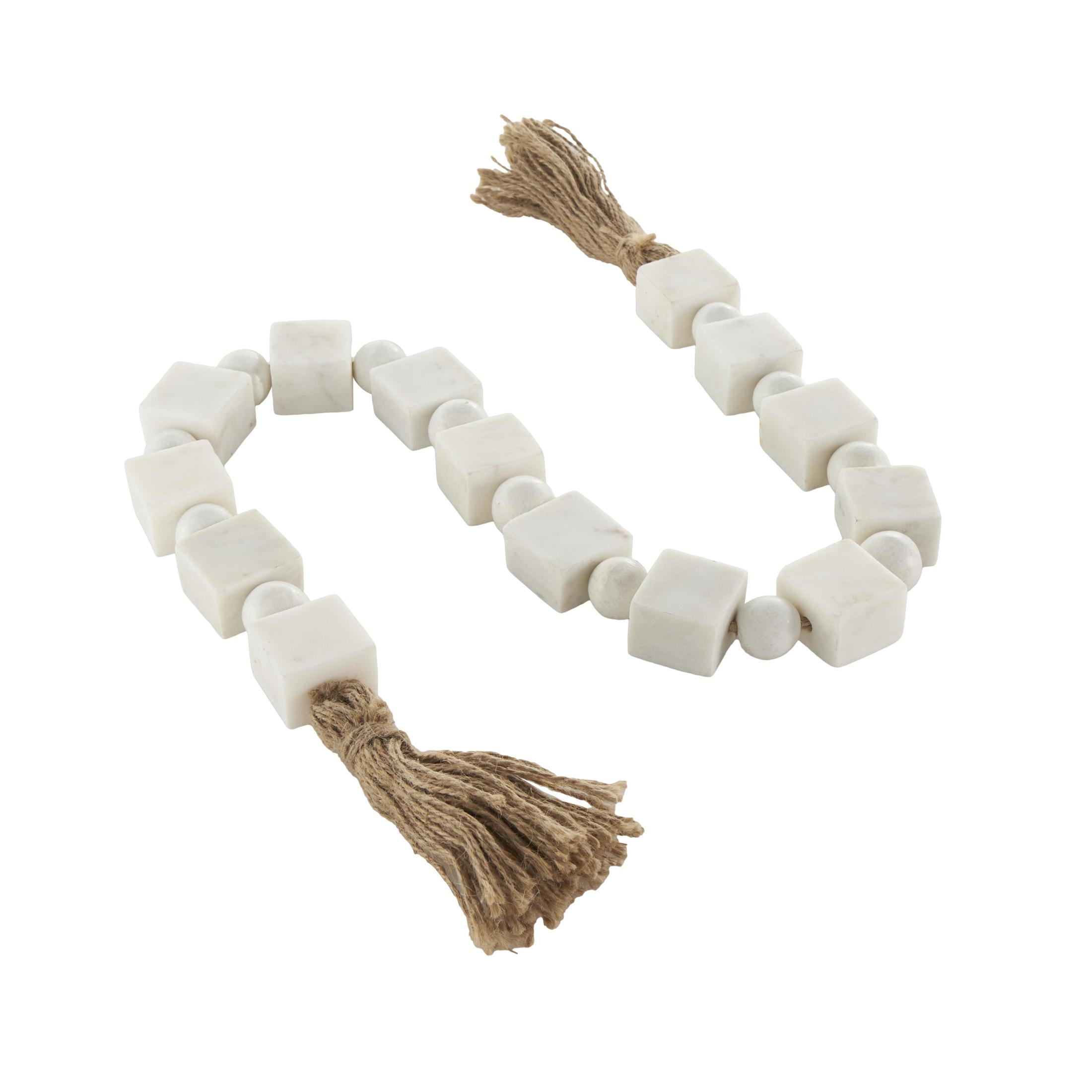 DecMode Handmade Square White Marble Garland with Tassel with Knotted Brown Jute