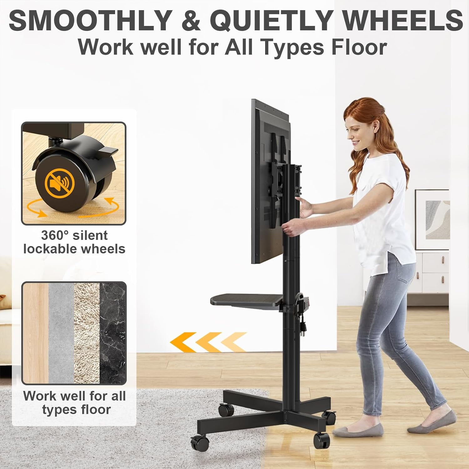 Portable Rolling TV Stand with Power Outlet for 32–75 Inch TVs, Height Adjustable Mobile TV Cart on Wheels, Fits Flat & Curved LCD, LED, OLED Screens, Supports up to 88 lbs, VESA 400x400
