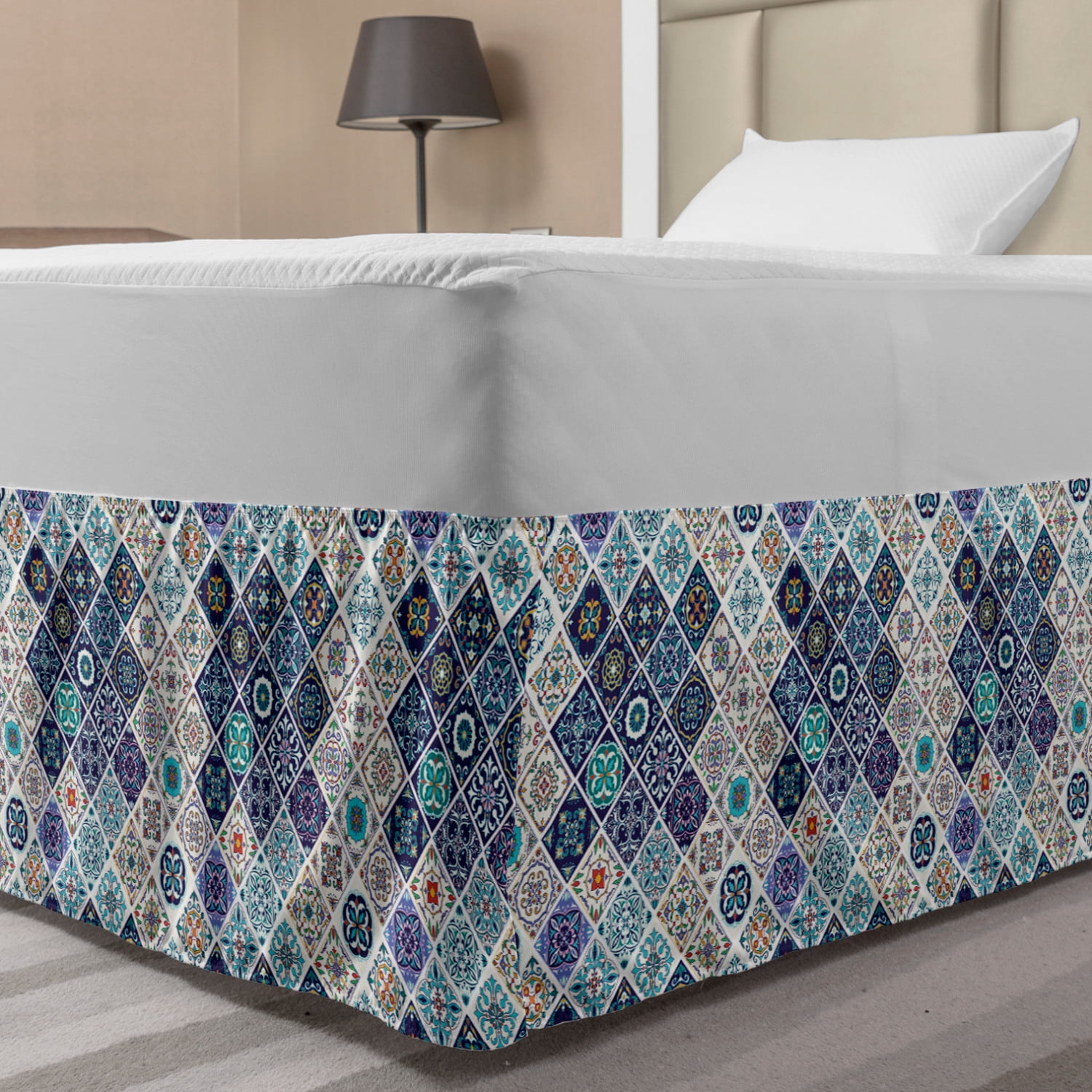 Traditional Bed Skirt, Portuguese Historical Mixed Azulejo Mosaic Tiles with Moroccan Ceramic