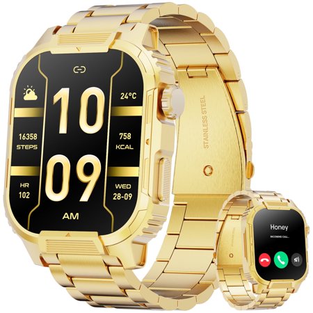 Mingdaln Men's Military Smart Watch, 2.02" with Fitness Tracking, for Android iOS (Gold)