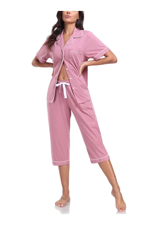 Women's Pajama Sets 100% Cotton Summer Short Sleeve Capri Pajamas for Women Set Button Down Pjs Soft Sleepwear(Dust Rose,M)