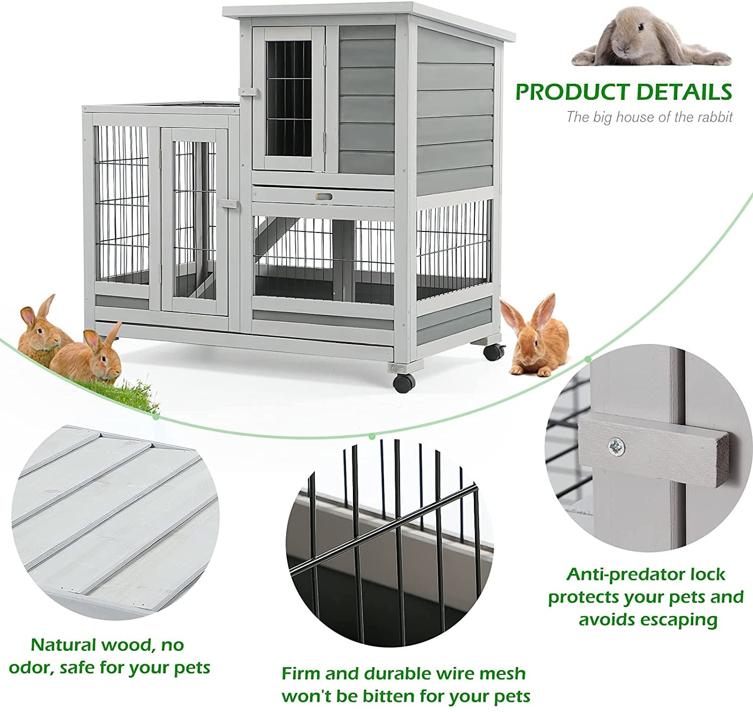 U-MAX 37’’ Rabbit Hutch Indoor Pet House for Small Animals Upgraded Two Story Bunny Cage Outdoor Rabbit House with Pull Out Tray Ramp and 4 Casters 