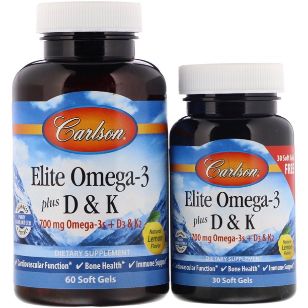 Carlson Labs Elite Omega3 Plus D & K, Natural Lemon Flavor, 60 + 30