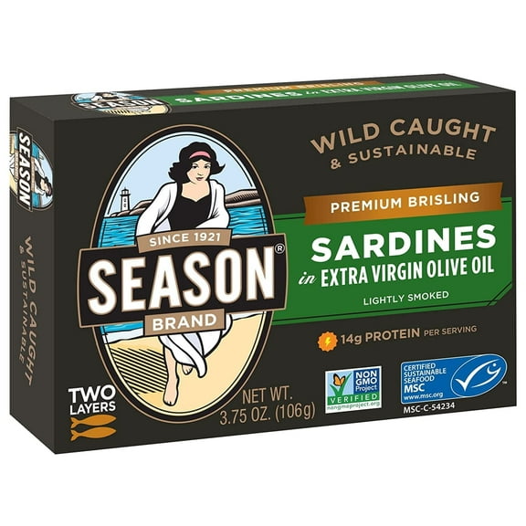 SEASON Wild Caught Cross-Packed Brisling Sardines in Pure Olive Oil, Two Layers - 3.75 Oz, 12 Pack