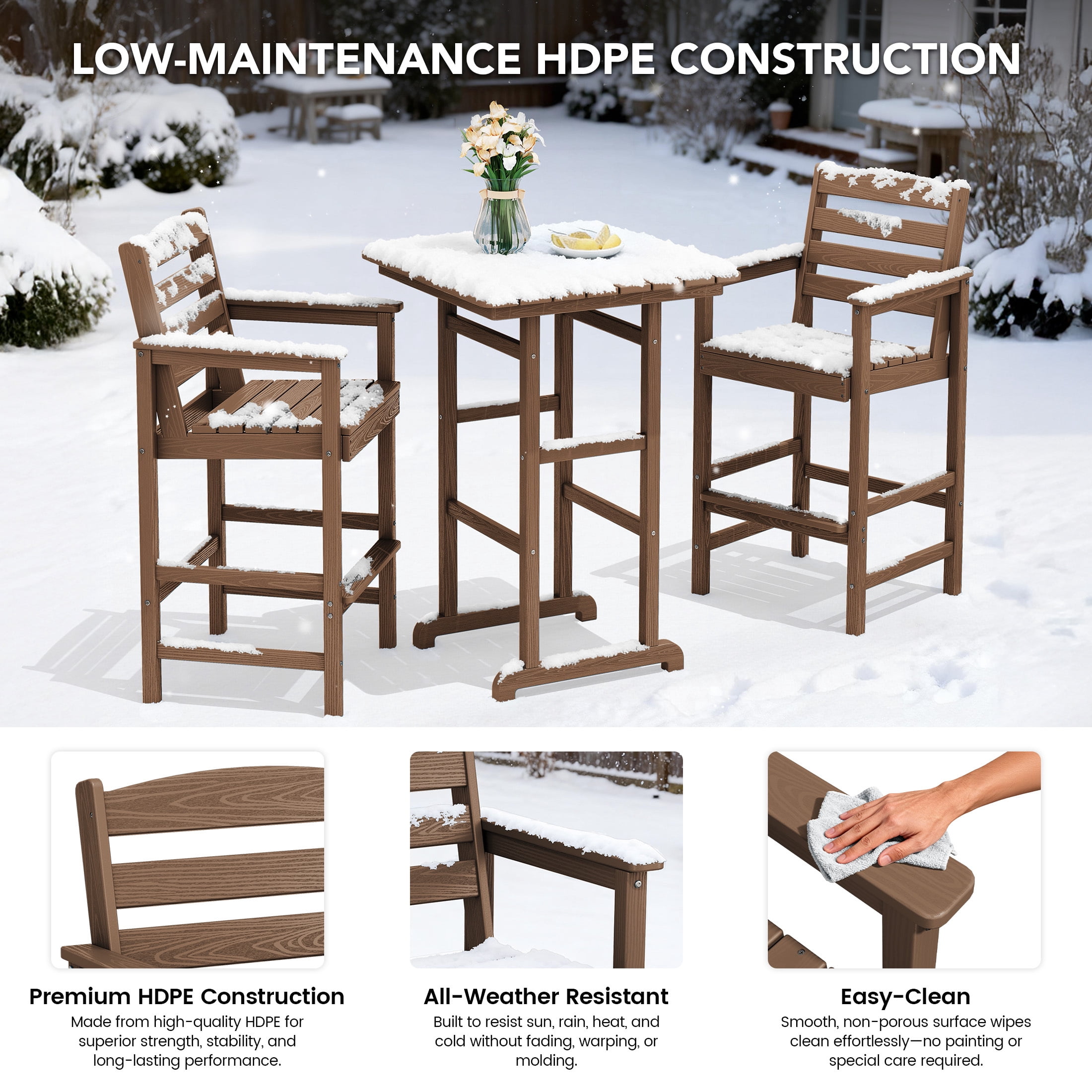 RIAFUN HDPE Outdoor Bar Set of 5 - 1 Height Bar Table & 4 Oversized Wide Seat Tall Adirondack Chairs, Weather Resistant for Patio, Poolside, Garden, Brown
