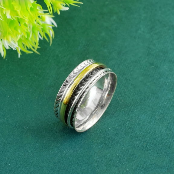 Two Tone Chevron Pattern Solid 925 Sterling Silver Brass Meditation Spinner Ring Fidget Band Handcrafted Artisan Hypoallergenic Jewelry for Women and Men