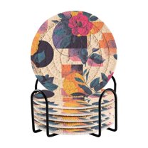 Yayeee 6 PCS Drink Coasters with Holder Set Woven Absorbent Round Tabletop Hot Pad, Flowers Pattern Style