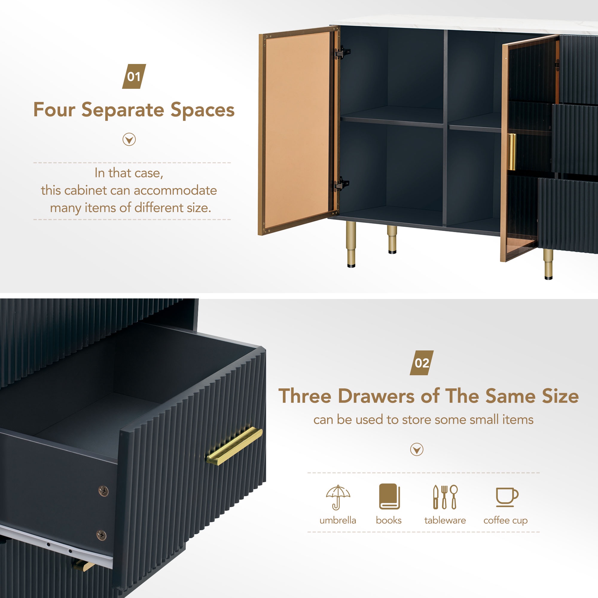 PORKISS Sideboard Cabinet, Wood Sideboard Buffet Cabinet with Marble Sticker Tabletop and Amber-yellow Glass Doors, Modern Storage Cabinet with Metal Legs and Handles, Navy Blue