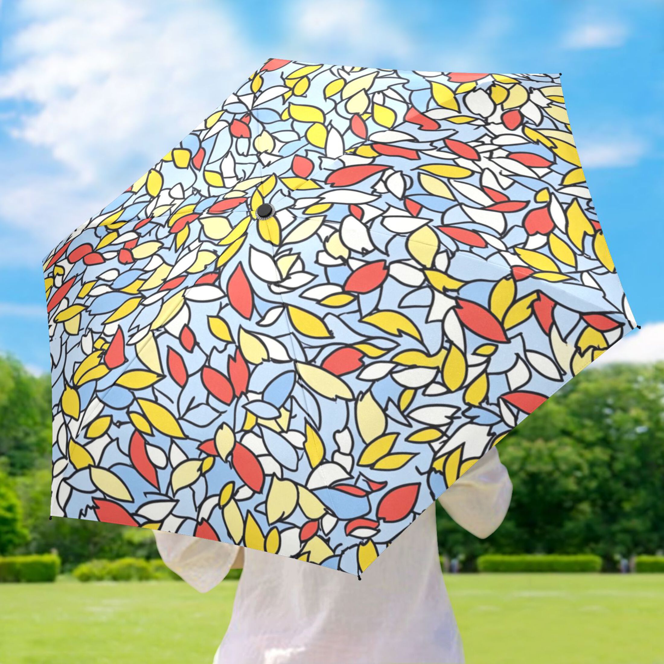 Colorful Leaf Pattern Umbrellas for Sun Auto Open Close UV50+ Waterproof 5-Fold Compact Fiberglass Frame