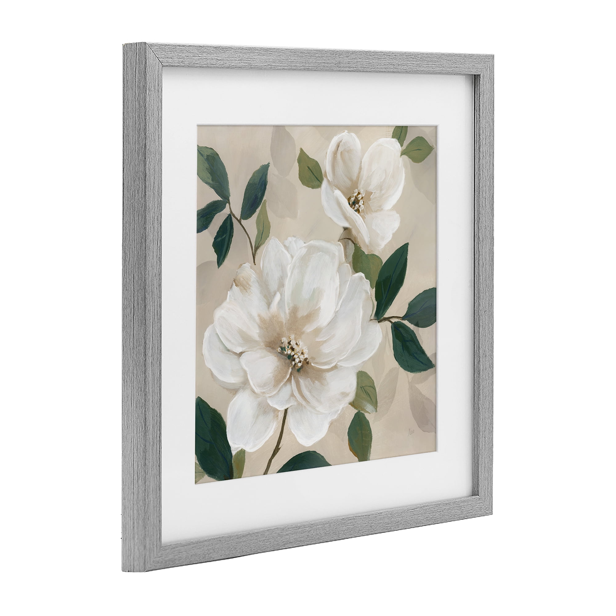 Stupell Industries Serene White Magnolia Study Gray Framed Print Under Glass, design by Nan