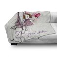 thumbnail image 3 of Paris Soft Flannel Fleece Blanket, Little Girl Holding Balloons Hearts a Cloud and Eiffel Tower Illustration, Cozy Plush for Indoor and Outdoor Use, 50" x 60", Pale Pink Purple White, by Ambesonne, 3 of 6