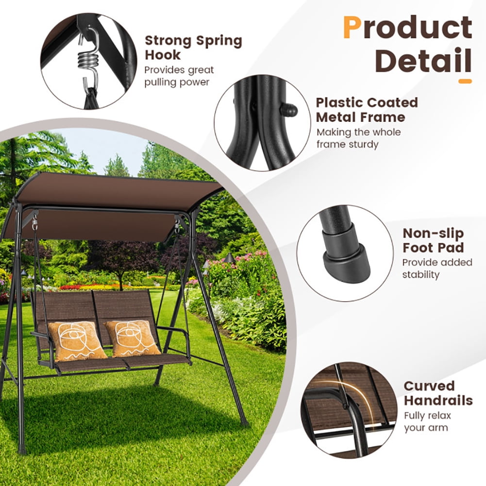 Aimee Lii 2 Person Porch Swing with Adjustable Canopy and Padded Seat, Outdoor Swing for Adults, Brown