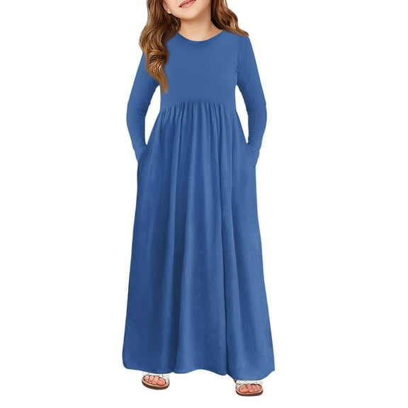 Inglocry Girls Maxi Dress Long Sleeve Round Neck Casual Holiday Dress with Pockets for 5-14 Years Summer Dresses For Teens Blue 13-14Y