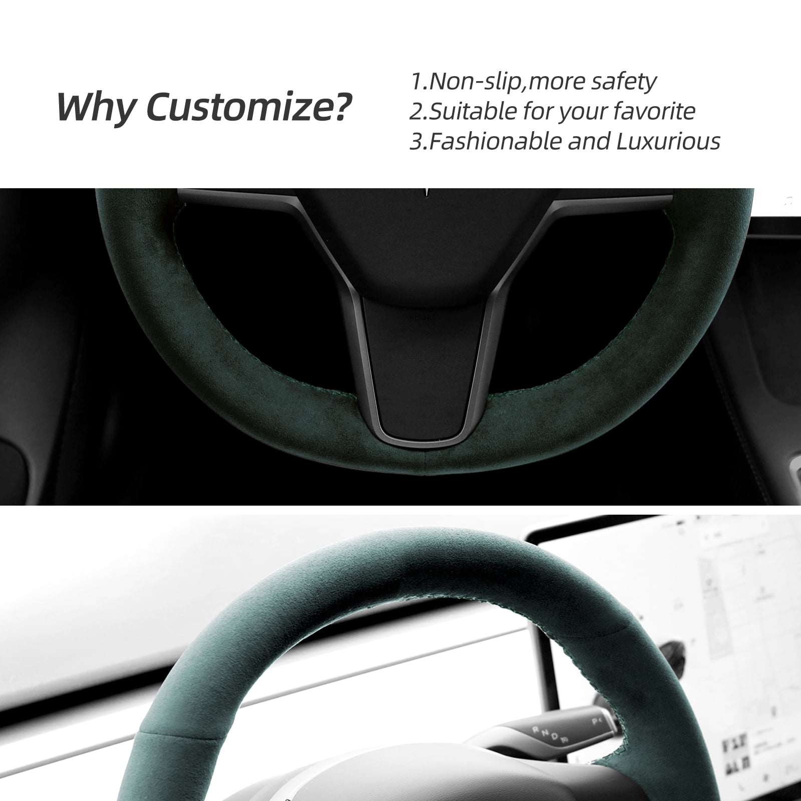 Alfanxi Hand Stitch Sewing Italy Alcantara Car Steering Wheel Cover Wrap for Tesla Model 3/Tesla Model Y 2018-2023 (Green Alcantara)