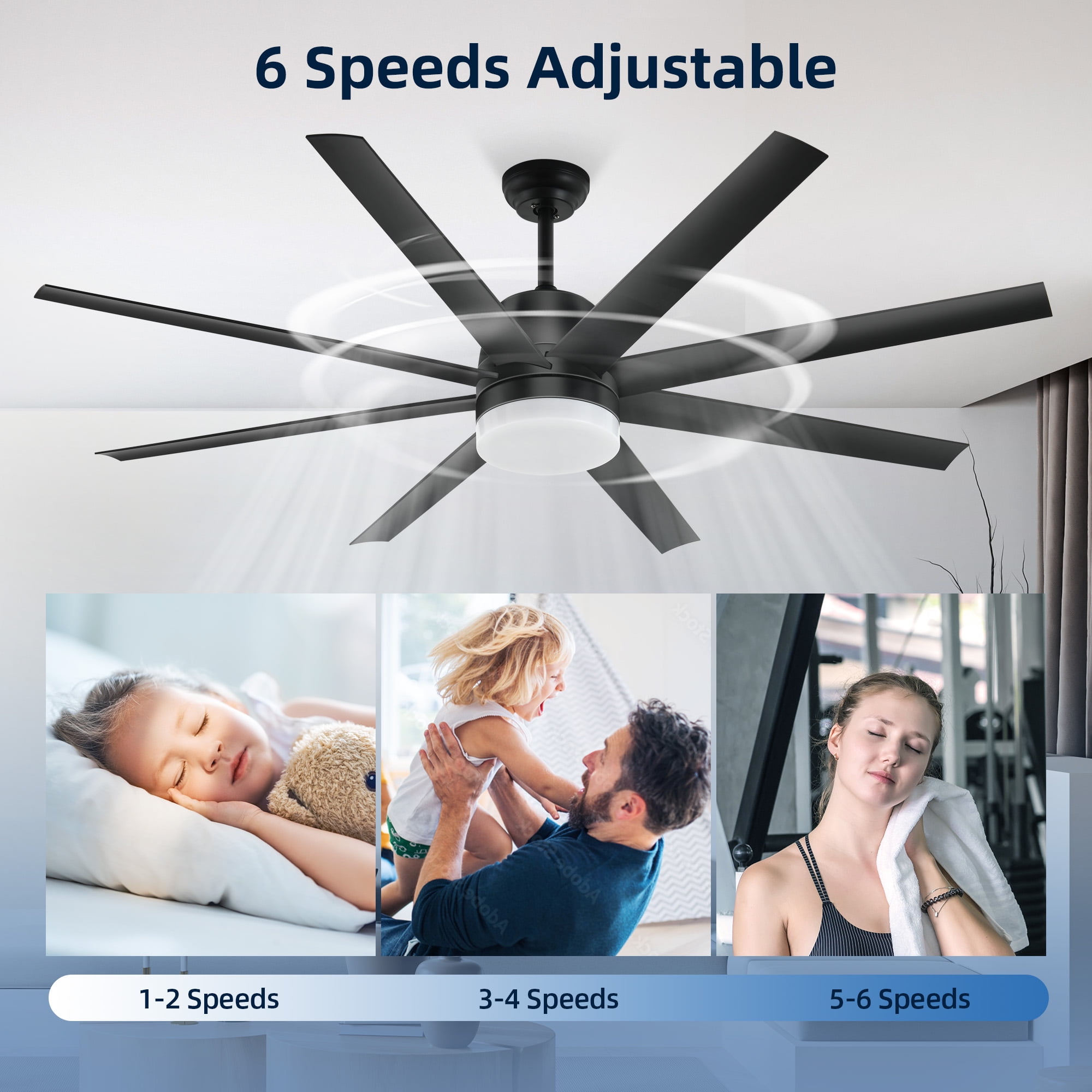 Dextrus 60in Modern Ceiling Fans with Lights and Remote, 8 Blades, 6 Speeds,Quiet Reversible Motor and Memory Function - Black