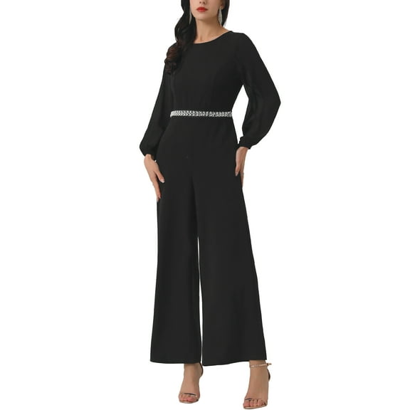 INSPIRE CHIC Women's Wide Leg Pants Jumper Long Sheer Sleeve Cocktail Jumpsuits 2XL Black