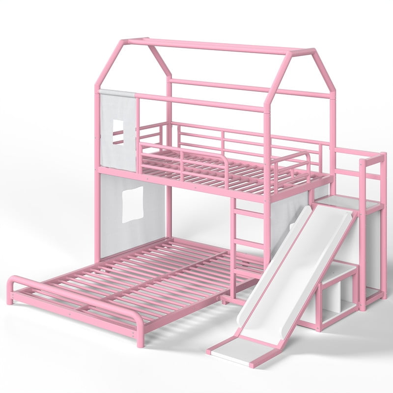 Twin over Full Metal Bunk Bed with Slide, Ladder, LED Light Strip, Privacy Curtain, Movable Storage Cabinet & Hanging Rod, House Shaped Kids Bunk Bed