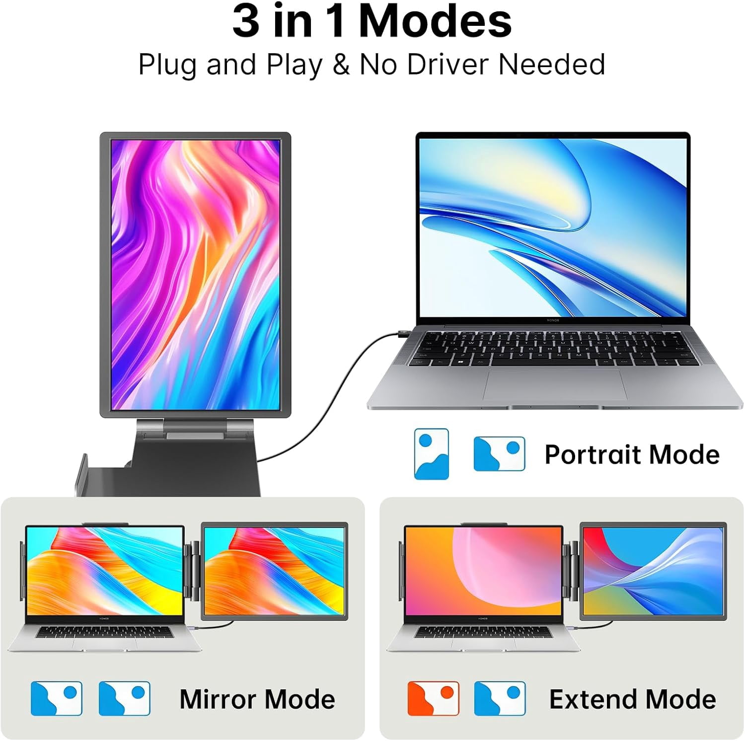 Laptop Screen Extender,14" 16:10 FHD 1200P IPS Dual Screen,Attachment Screen Extended Extra Screen, Portable Monitor for Laptops 14-16" with USB-C/HDMI Port