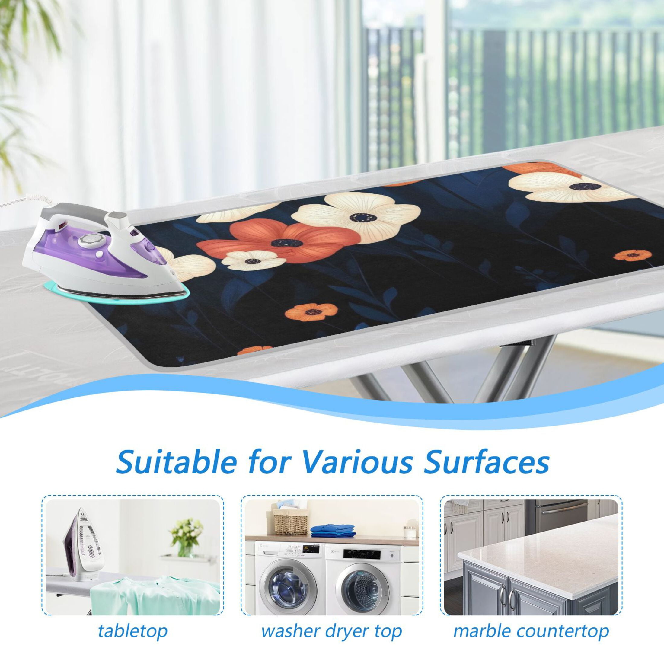 Orange and White Flowers Ironing Mat Blanket for Table Top Travel Portable Ironing Board Pad 47.2x27.6 Inch