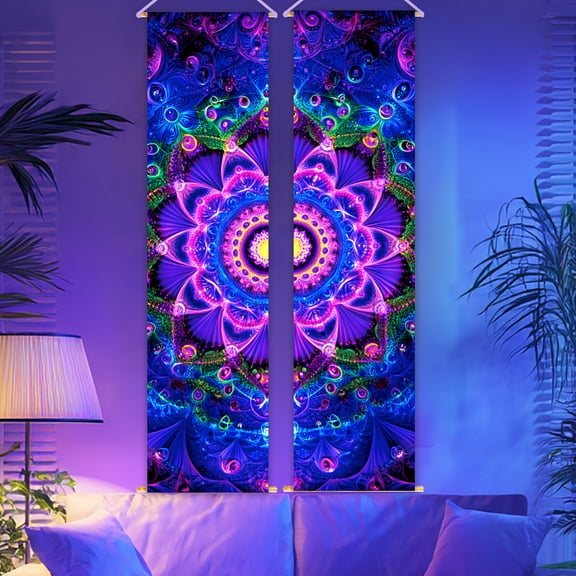 2 Pack Blacklight Trippy Mandalas Tapestry Glow in the Dark Tapestry UV Reactive Wall Hanging 12.9×51 Inch with Rope Wooden Rod