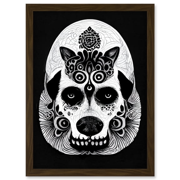 Day Of The Dead Dog Head Doodle Pattern Drawing Skull Artwork Framed Wall Art Print A4