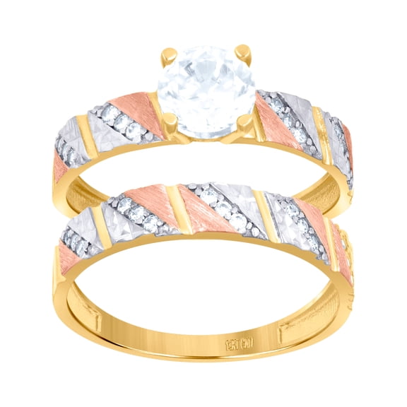 14k Tri-color Gold Womens Cubic Zirconia Center Stone Duo Bridal Ring Set 6.5mm Long Ring for Women