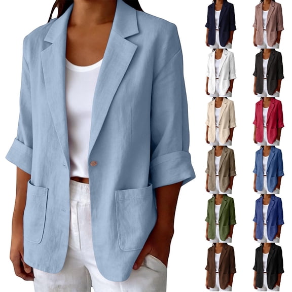 Womens Linen Blazer Cardigans Lightweight 3/4 Sleeve Casual Work Office Breathable Dressy Suit Jackets with Pockets, S-5XL