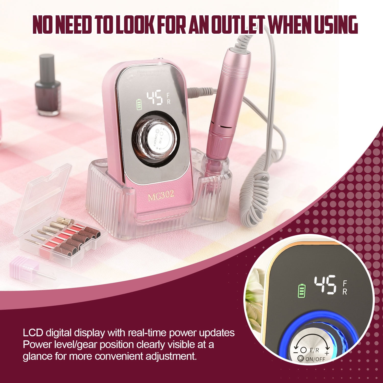 ASKITO 45000RPM Portable Nail Drill Electric File, Cordless Nail Drill with Bits & Base, Professional Rechargeable Nail E File Machine for Shaping, Removing & Polishing Gel Nails, Pink