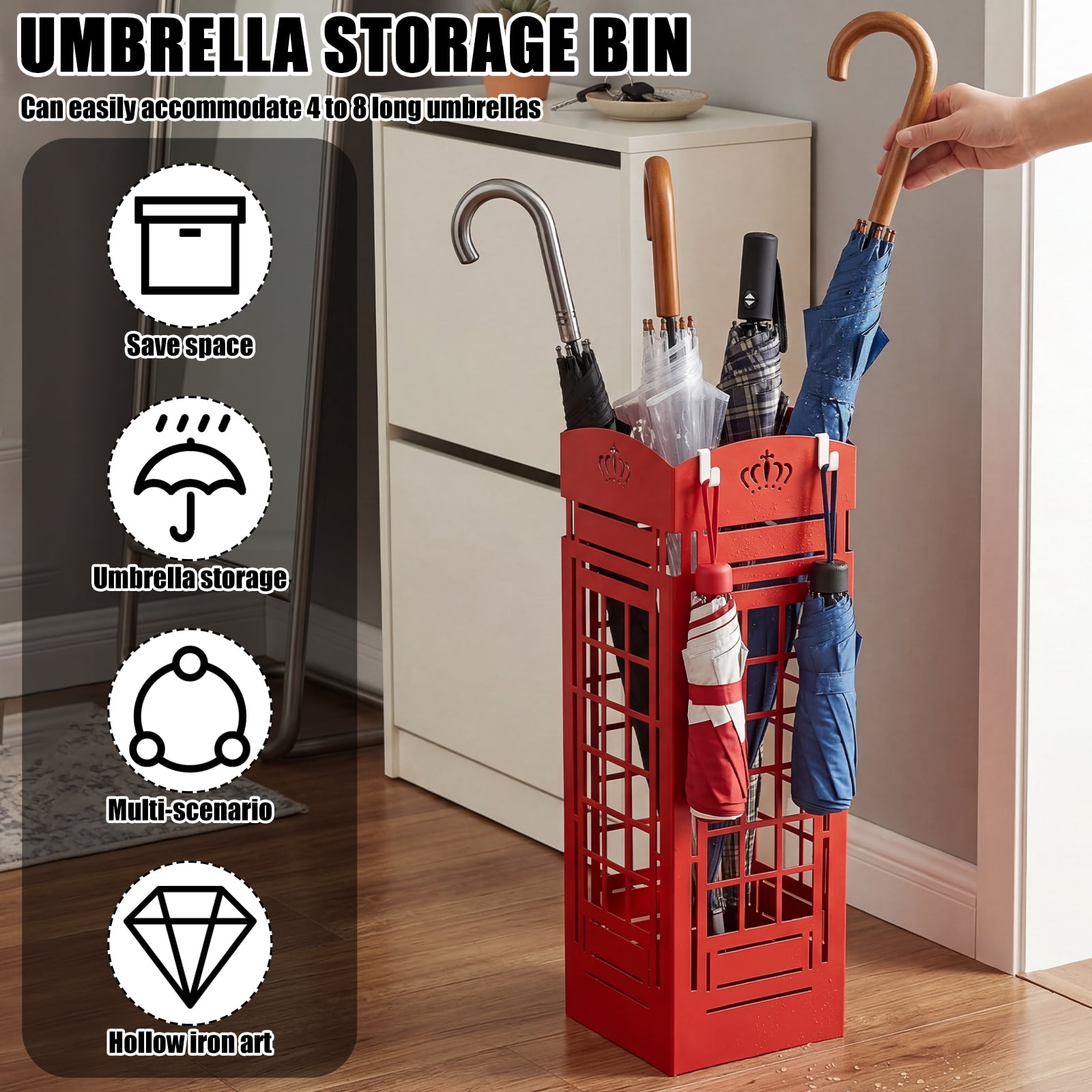 19.5" Tall Umbrella Stand, Metal Freestanding Umbrella Holder for Canes and Entryway Organization, Rustproof Cutout Design, Red