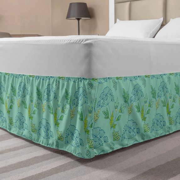Garden Bed Skirt, Flourishing Flowers Foliage Petals Summer Gardening Buds Pattern, Elastic Bedskirt Dust Ruffle Wrap Around for Bedding Decor, 4 Sizes, Seafoam Dark Blue and Green, by Ambesonne