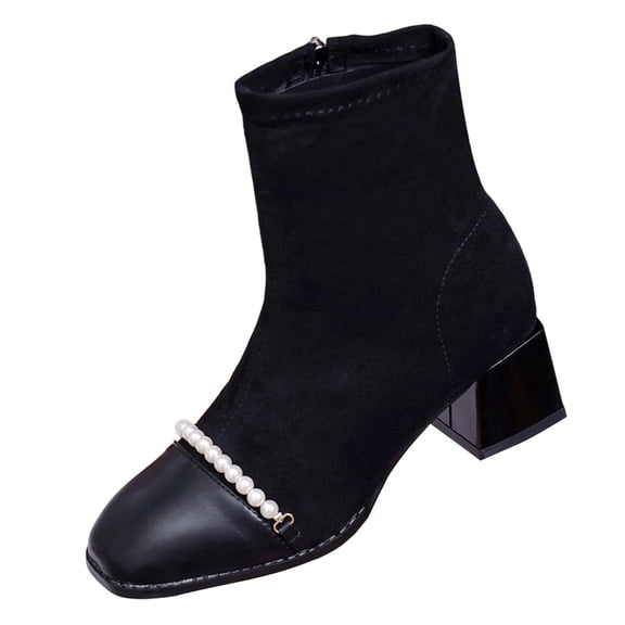 U-628 Black Sleek Ladies Low Heel Ankle Boots Pointed Toe Faux Suede Chunky Heel Back Zipper Winter Casual Comfortable Booties For Everyday Style