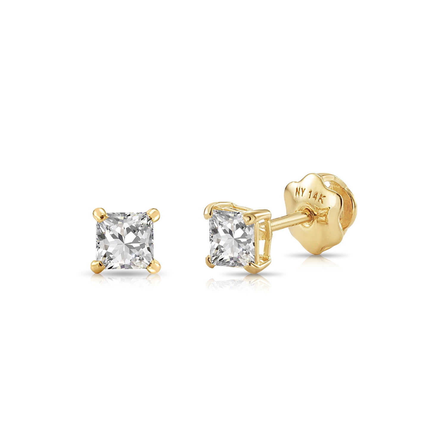 Tilo Jewelry 14K Yellow Gold .30 Carat Solitaire Princess-Cut Diamond Stud Post Earrings with Secure Screw-backs | 3mm | Lab Grown Diamond Earrings | Women, Men, Unisex