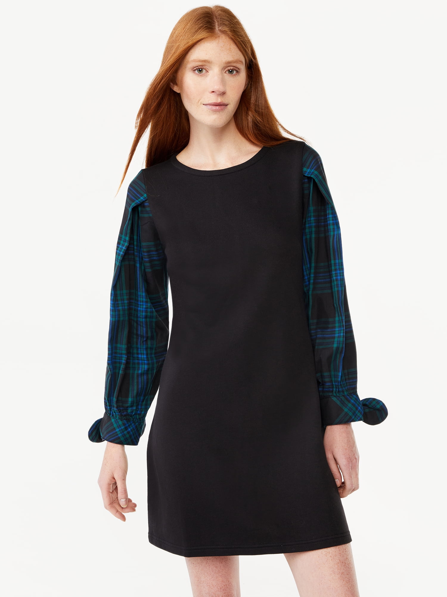 Free Assembly Women's Pleated Shoulder Mixy Mini Dress with Tie Cuffs