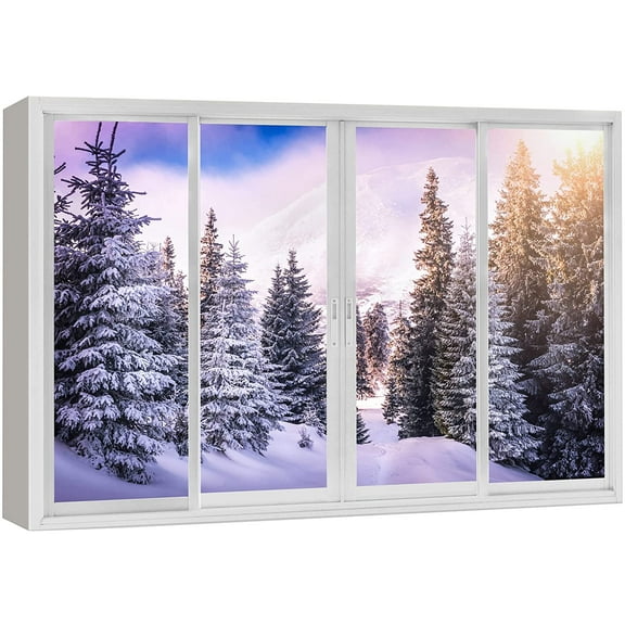 wall26 Canvas Print Wall Art Window View Purple Sunset Winter Pine Tree Forest Wilderness Nature Photography Realism Scenic Landscape Colorful Multicolor for Living Room, Bedroom, Office - 24"x3