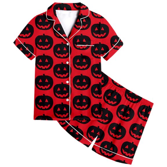 CAIVO Girls Halloween 2 Piece Pajama Sets Cute Pumpkin Bat Print Lapel Short Sleeve Button Down Shirt With Shorts Sleepwear For Kids Comfortable Casual Homewear
