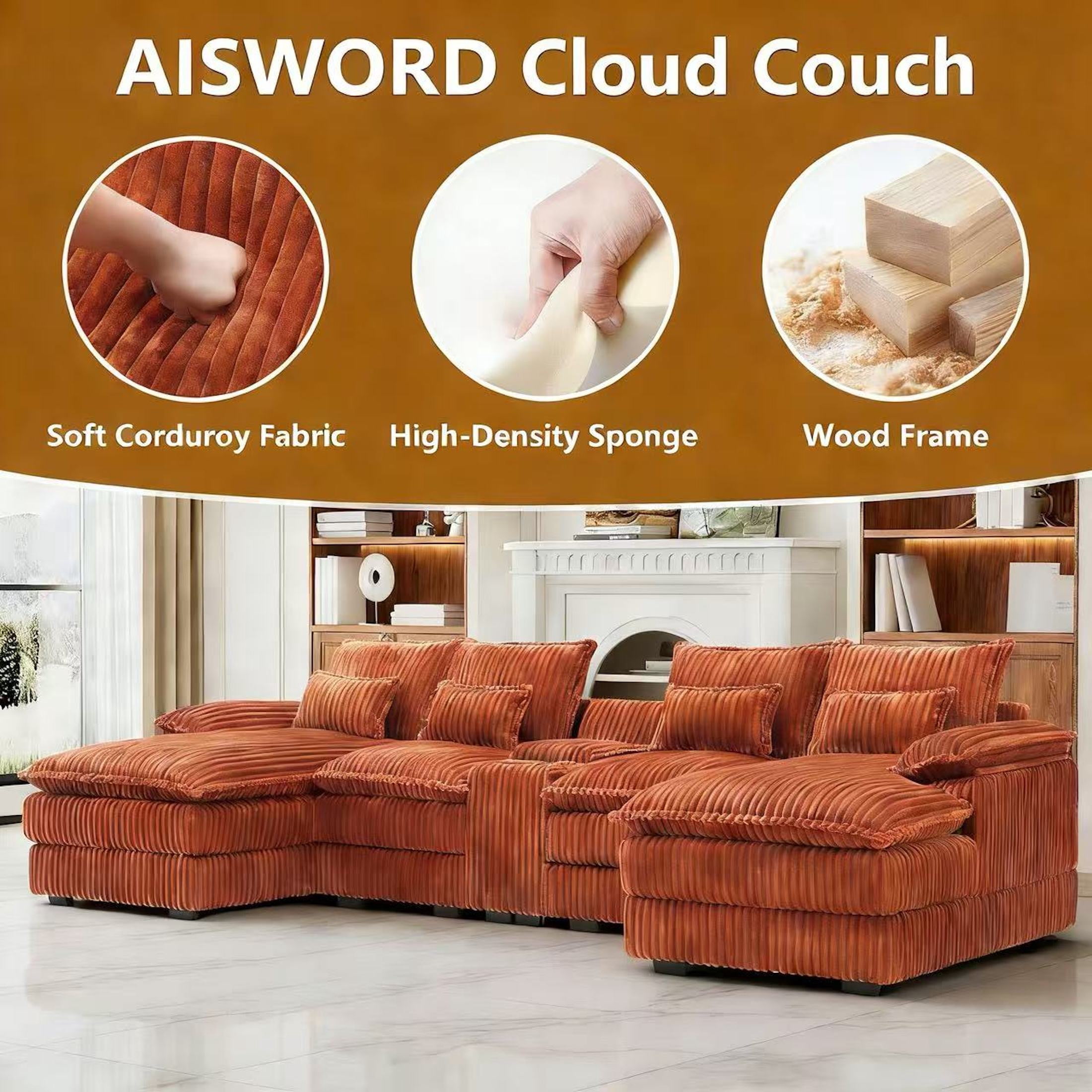 Aisword 124" U Shaped Cloud Couch Sectional with USB Charging, Hidden Storage, Cup Holders & Chenille Double Chaise, Orange