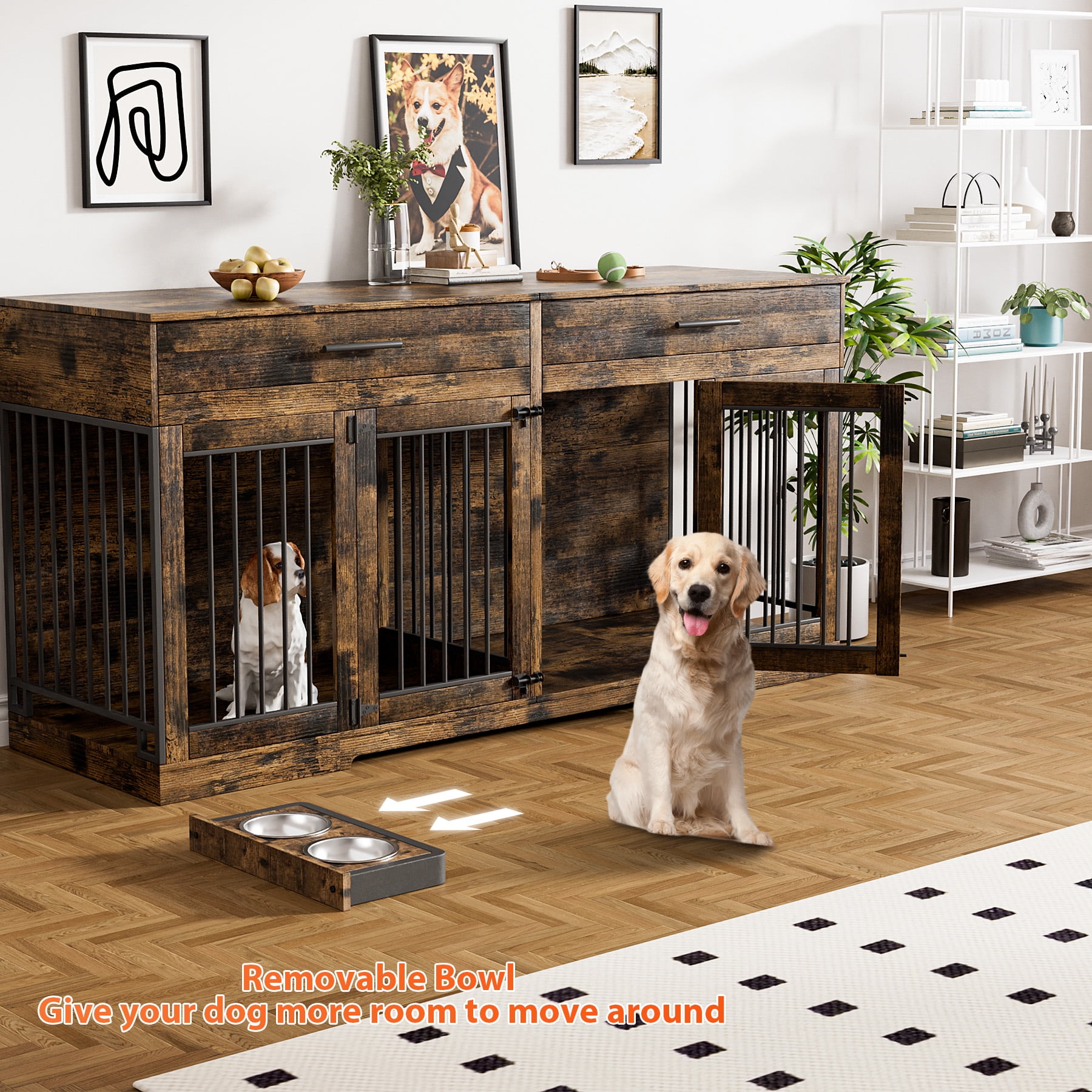 Rophefx 72" Dog Crate Furniture for 2 Dogs,Large Kennel with 2 Drawers and 4 Bowls,Wooden Heavy Duty Indoor Dog House,Brown