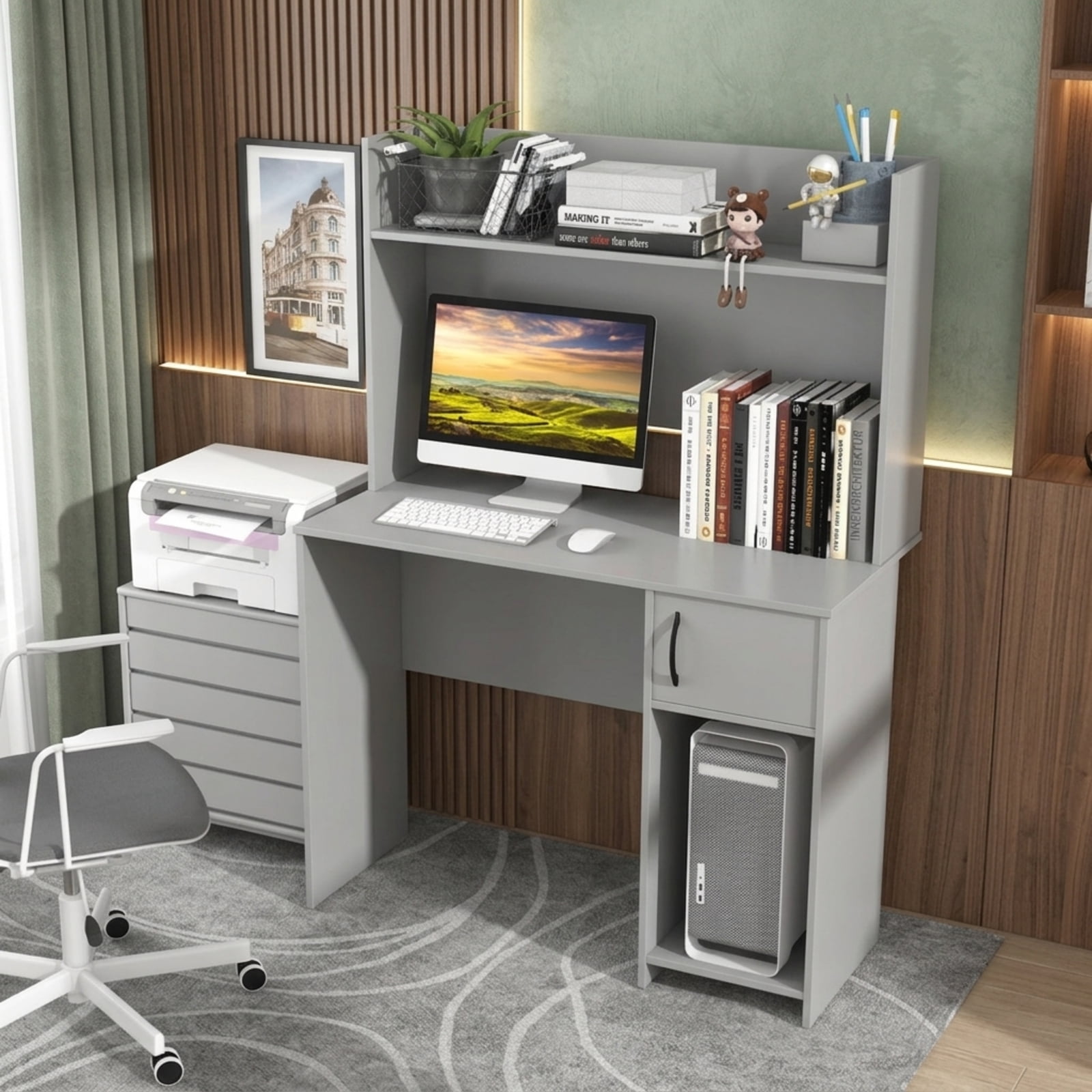 Furnibear Home Office Desk with Raised Display Shelf, Computer Desk with 2 Open Shelves and Cable Holes for Study and Bedroom, Gray