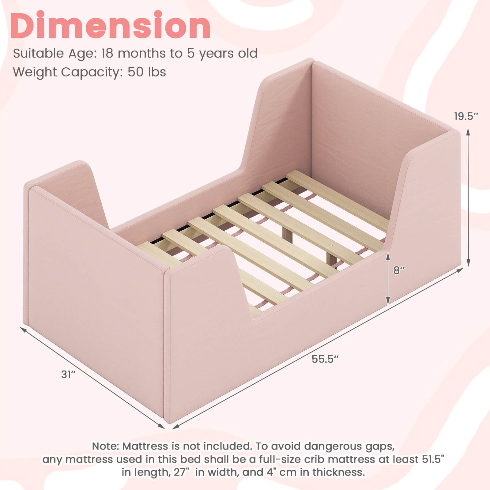 Costway Soft Velvet Fabric Upholstered Children Floor Bed with Safety Rails & Headboard Pink