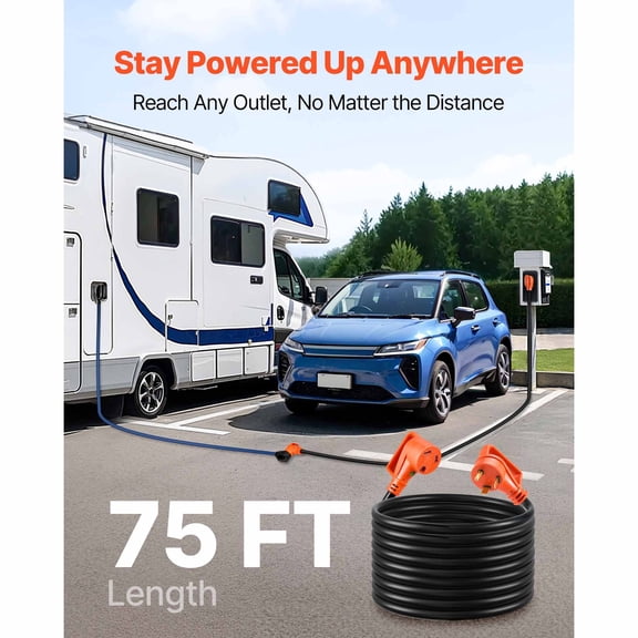 75 FT Heavy Duty RV Power Cord, 30 Amp 125V with NEMA TT-30 Plug, 10/3 Gauge STW Wire, LED Indicator&Adapter for Camper Trailer, ETL Certified