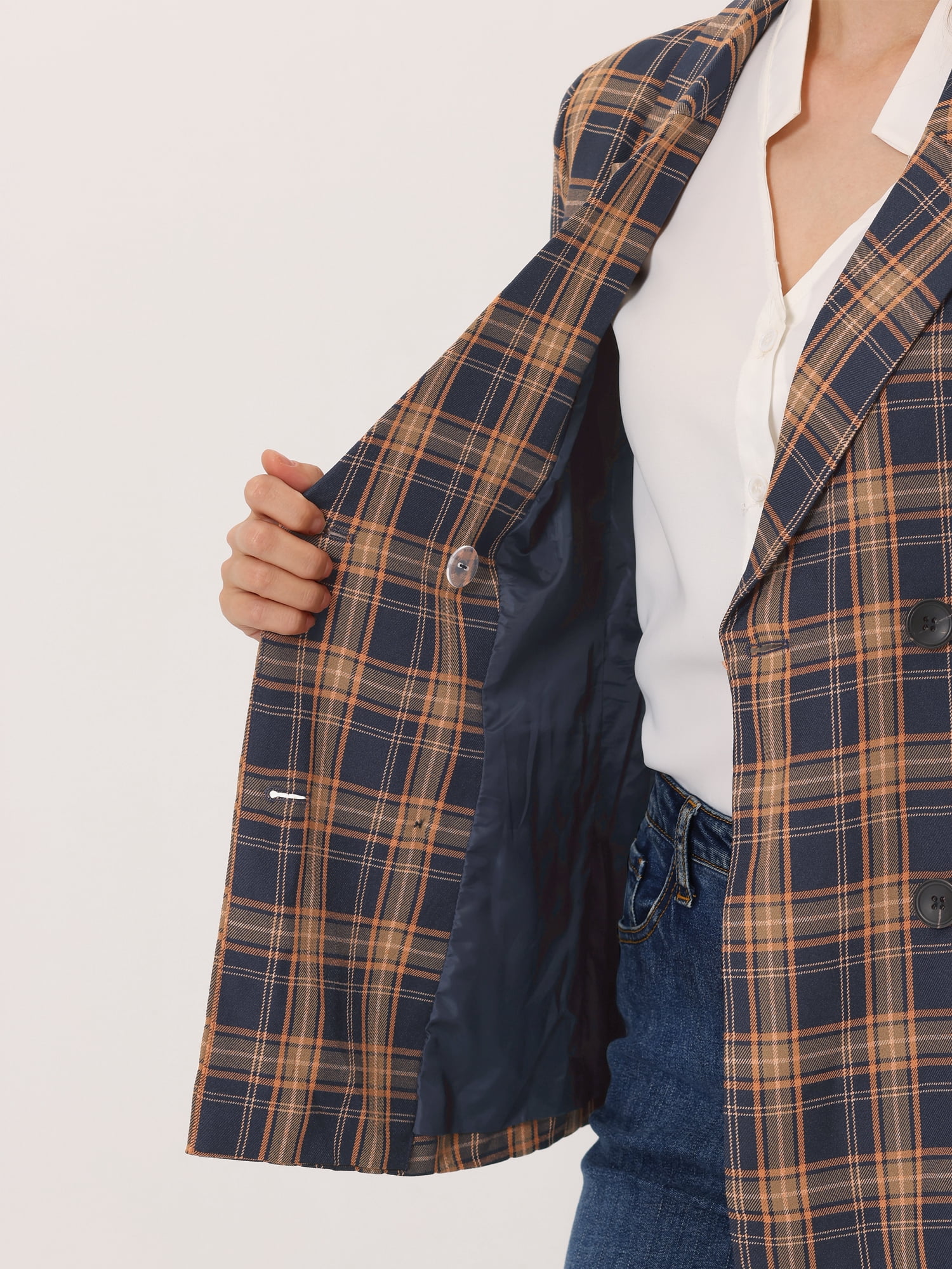 DARING DIVA Women's Plaid Notched Lapel Blazer Jacket XS Blue Orange