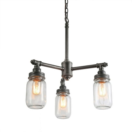 LNC Water Pipe Kitchen Island Lighting for Dining Room, Rustic Vintage Industrial Mason Jar Lights for Indoor Home Decro, 3 Light Chandelier Glass Jar Pendant (Best Glass Water Pipes)