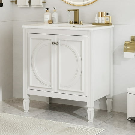 Isolde Modern Bathroom Vanity with Ceramic Sink, Drawer, Shelves, Cabinet, Rubberwood, MDF, White
