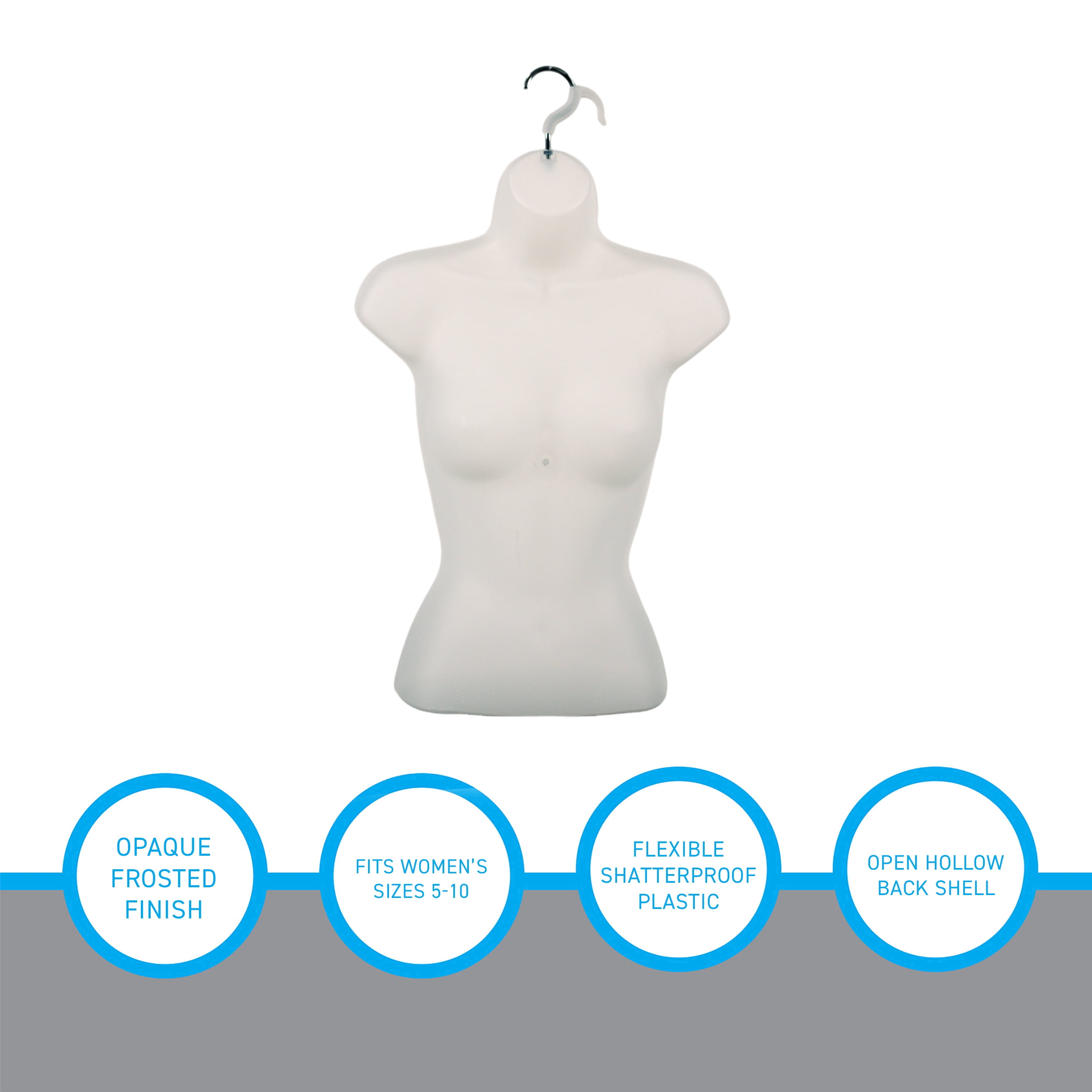 SSWBasics Female Shatterproof Molded Frosted Shirt Form With Hook -  Fits Women’s Sizes 5-10 - Hanging Fashion Form Mannequin to Display Clothing and Accessories