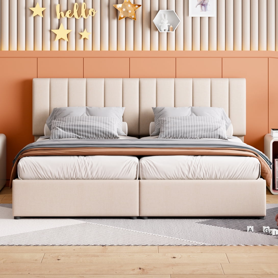 King Size Lift up Storage Bed Frame, Upholstered Platform Bed with Headboard & Hydraulic Storage & Wood Slats Support, No Box Spring Needed, Beige