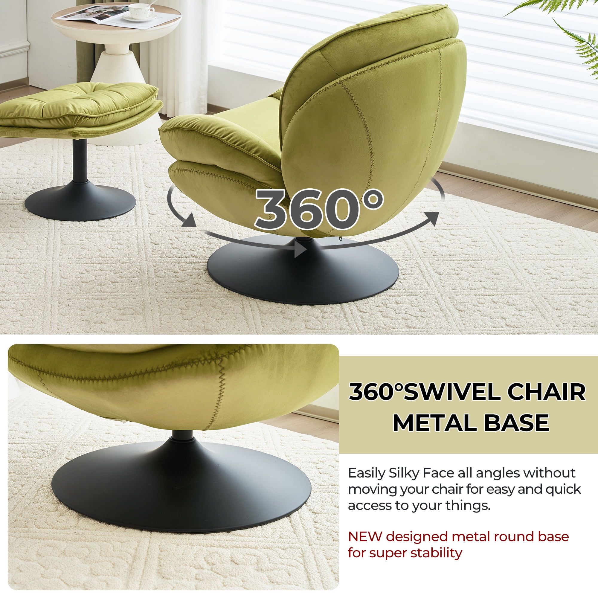 Comfort Stretch Velvet Swivel Accent Chair with Ottoman Round Reading Chair with Foot Stool Set Apple Green