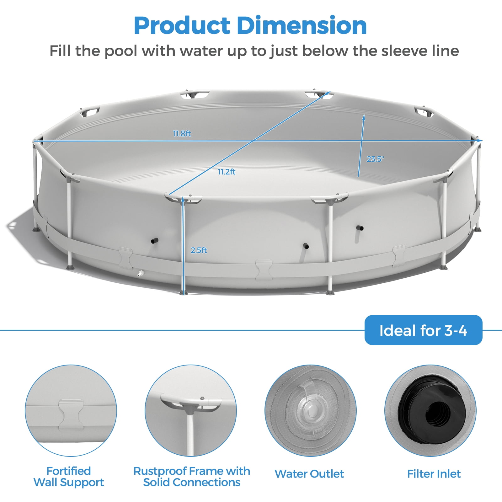 Infans Round Above Ground Swimming Pool Patio Frame Pool W/ Pool Cover Iron Frame Grey