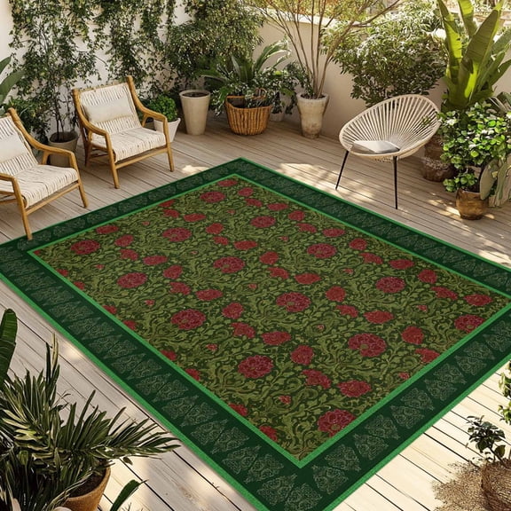 Vintage Red Roses Outdoor Rug for Patio/Deck/Porch, Non-Slip Large Area Rug 3 x 5 Ft, Green Abstract Art Floral Ethnic Indoor Outdoor Rugs Washable Area Rugs, Reversible Camping Rug Carpet Runner