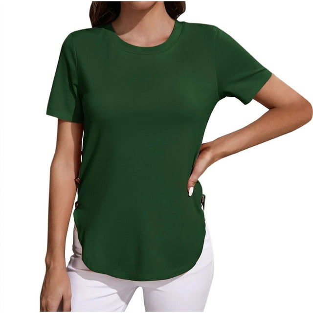 Plebaso Tunique à Manches Courtes pour Femmes, Col Rond Décontracté, Blouses Confortables Basiques avec Boutons Latéraux